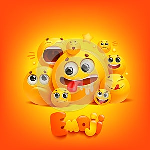 Emoji cartoon group smile character in 3d style on yellow background. Facial expression