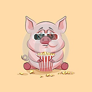 Emoji character cartoon Pig chewing popcorn, watching movie in 3D glasses sticker emoticon