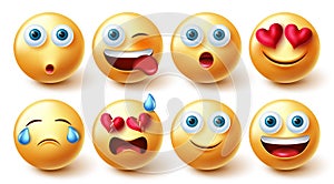 Emoji characters vector set. Smiley emojis 3d collection in cute facial expressions isolated in white background for emoticons. photo