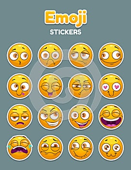 Emoji collection. Funny comic cartoon yellow smiley faces set.