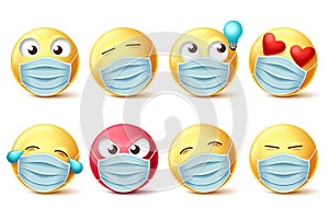 Emoji covid-19 face mask vector set. Emojis and emoticons with facial expressions and face mask