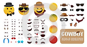 Emoji cowboy creator vector kit. Smiley editable cowboys character set with eyes, mouth and cowboy elements for western costume.
