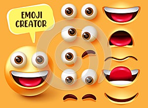 Emoji creator vector set design. Emoticon 3d character kit with editable face elements like eyes and mouth for emojis.