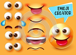 Emoji creator vector set. Emoticon 3d character kit with editable face parts like eyes and mouth for happy and funny emojis.