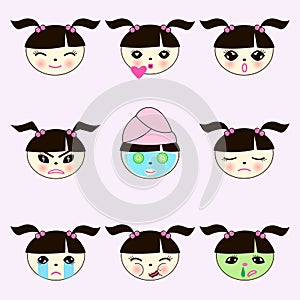 Emoji cute collection. Set of cartoon girl emotion faces.
