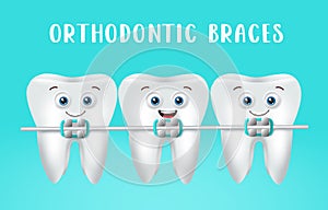 Emoji dental braces vector design. Emojis tooth with dental brace and crooked teeth character for clean and healthy oral health.