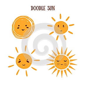 Emoji doodle sun collection, smiling sign of summer, good weather. Cartoon morning symbol