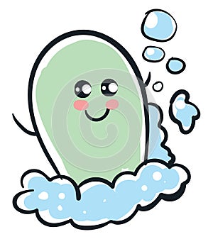 Emoji of the drawing of a cute soap enjoying the water while making bubbles or foams, vector or color illustration