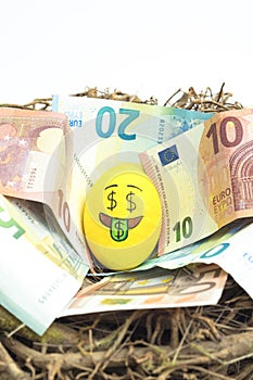 Emoji Easter egg with facial expression `I love money` placed on euro paper money