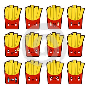 Emoji emoticon french fries with a lot of variation Set of kawaii face french fries emoticons. Isolated on white