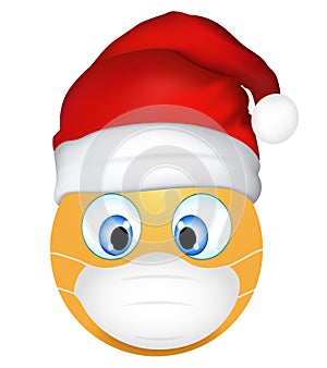 Emoji emoticon wearing medical mask and Santa Claus hat. Funny emoticon. Coronavirus outbreak protection concept. Merry Christmas.