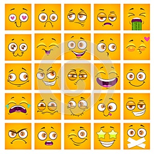 Emoji face. Funny square cartoon yellow faces set. Comic stickers collection.