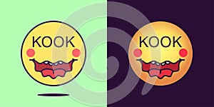 Emoji face icon with phrase Kook. Mad emoticon with text Kook. Set of cartoon faces, emotion icon for social media photo