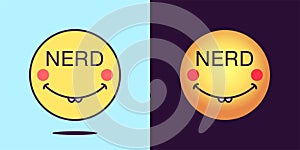 Emoji face icon with phrase Nerd. Dilly emoticon with text Nerd. Set of cartoon faces, emotion icon for social media