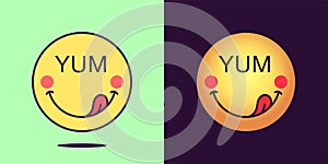 Emoji face icon with phrase Yum. Enjoyable emoticon with tongue and text Yum. Set of cartoon faces, emotion icon