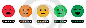 Emoji Feedback Scale with Stars Icon. Level Survey of Customer Satisfaction. Customers Mood from Happy Good Face to