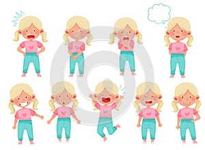 Emoji Girl with Ponytails Feeling Sadness and Excitement Vector Illustration Set