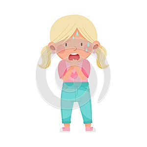 Emoji Girl with Ponytails Standing with Fearful Glance Vector Illustration