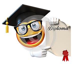 Emoji graduate student isolated on white background,emoticon wearing graduation cap holding diploma 3d rendering photo