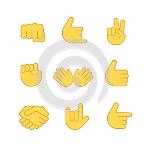 Emoji hand fist emoticon thumb handshake icon. Victory fist goodbye vector symbol