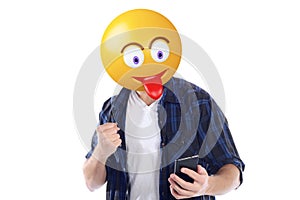 Emoji head man excited with smartphone