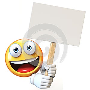 Emoji holding blank board isolated on white background, emoticon advertiser 3d rendering