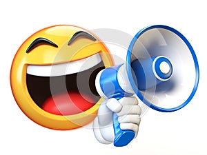 Emoji holding loudspeaker isolated on white background, emoticon holding megaphone 3d rendering