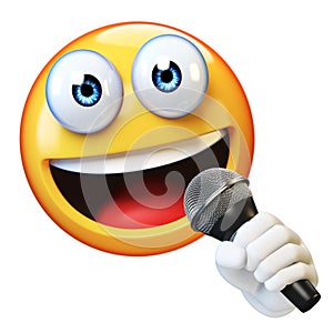 Emoji holding microphone isolated on white background, emoticon singer, reporter, presenter 3d rendering