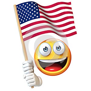 Emoji holding US flag, emoticon waving United States of America national flag 3d rendering