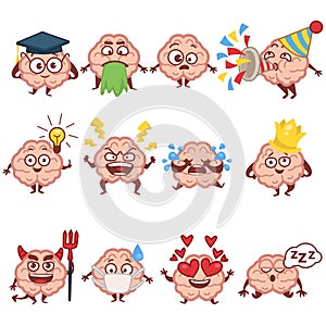 Emoji of human brain, faces and emotions, brainy character isolated icons