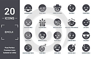emoji icon set. include creative elements as laughing emoji, puking emoji, with head-bandage muted sleep filled icons can be used