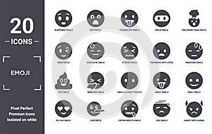 emoji icon set. include creative elements as surprised emoji, exploding head emoji, frowning with open mouth without mouth, liar photo