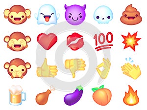 Emoji icons. Cute smiley, emoticons happy and angry face, comic turd. Eggplant, monkey collection, hand and kiss lips