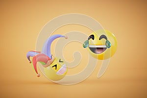 an emoji in a jester hat and a laughing smiley face on a pastel background. 3D render