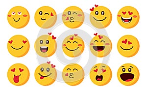Emoji love characters vector set. Emojis emoticon with inlove and blushing in side view happy face reaction for valentine emoticon