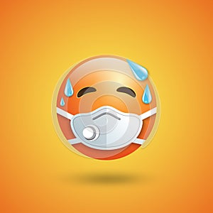 Emoji with mouth mask respirator, red face with closed eyes