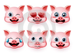 Emoji pig vector set. Pigs face emoticons or icon in cute emotions like inlove and scared with 3d realistic.