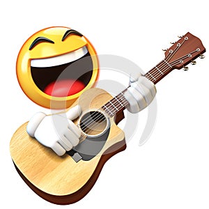 Emoji playing guitar isolated on white background, emoticon guitarist 3d rendering