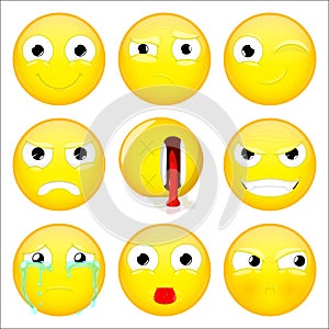 Emoji set. Smile, what, wink, angry, dead, evil, crying, show tongue, sulk emoticon. Vector illustration.