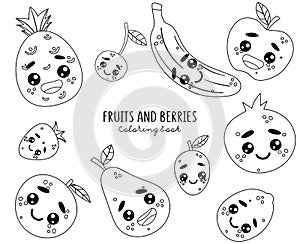 Emoji set. Smiley emoticons fruits and berries: orange, lemon, pineapple, apple, pear, plum, strawberry, cherry, banana, garnet.