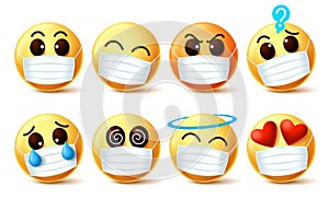 Emoji smiley with covid-19 face mask vector set. Emoji smiley with facial expressions wearing facemask