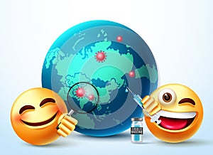 Emoji smiley covid vaccine vector design. Emoticons 3d character vaccinating world globe with syringe element of for covid-19.