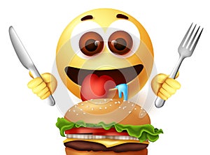 Emoji smiley eating hamburger character vector design.