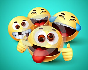 Emoji smiley funny friends taking selfie vector characters. Smiley emoji of friendship emoticon