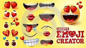 Emoji smiley in love vector creator set. Smiley emojis kit with hearts and in love face photo