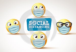 Emoji smiley social distance with face mask vector signage photo