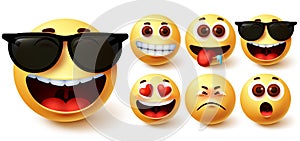 Emoji smiley vector set. Cute yellow smileys face with different feelings and facial expressions