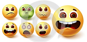 Emoji smiley vector set. Smileys yellow emoji face in different weird facial expressions