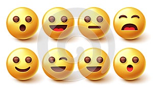 Emoji smileys character vector set. Emoticon cute yellow smileys isolated in white background with facial emotions for graphic.