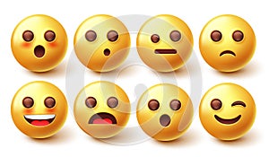 Emoji smileys character vector set. Smiley 3d emoticon in happy and surprised facial expression isolated in white background.